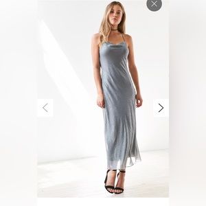 Cowl neck low back glistening midi dress